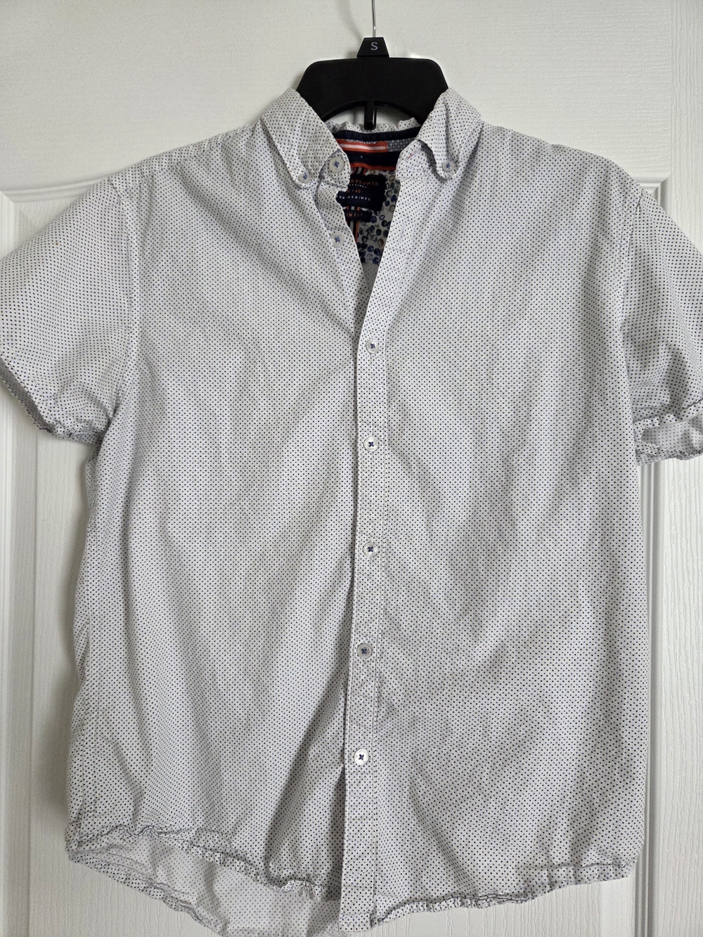 Denim & Flower White Short Sleeve Button-Down Shirt with Navy Micro Dot